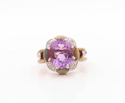 925 Sterling Silver Vintage Ring Gold Plated Amethyst & CZ Flower  Sz 8  RG30901