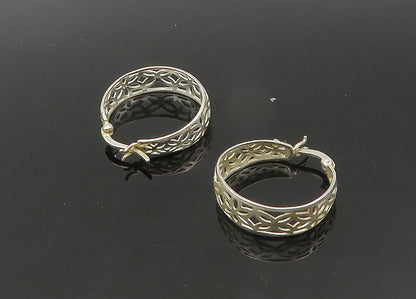 925 Sterling Silver  Vintage Shiny Floral Cutout Round Hoop Earrings  EG10742