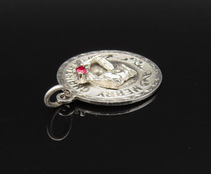 925 Silver  Vintage Engraved Merry Christmas Garnet Medal Pendant  PT21096