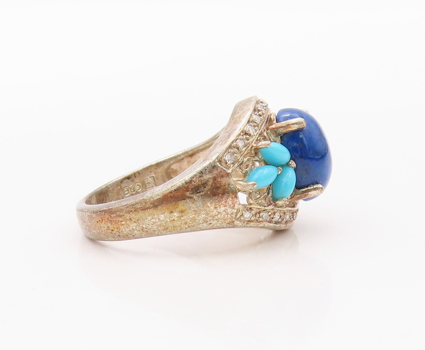 925 Sterling Silver Vintage Ring Diamonds, Turquoise & Lapis lazuli SZ 8 RG32091