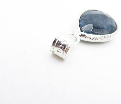 925 Sterling Silver  Faceted Sapphire Shiny Etched Tear Drop Pendant  PT3122