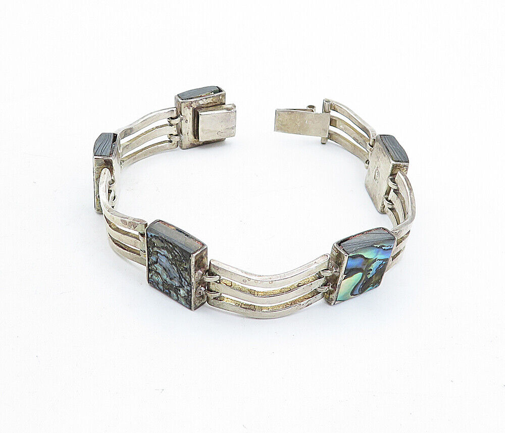 MEXICO 925 Sterling Silver - Vintage Abalone Shell Square Chain Bracelet- BT2006