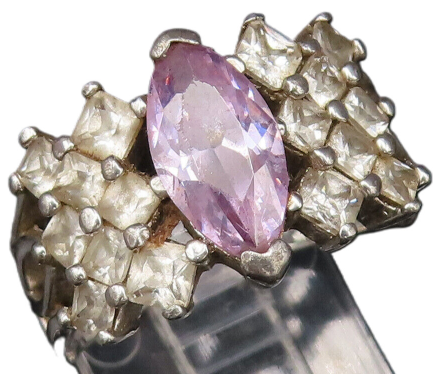 925 Silver  Vintage Purple & White Cubic Zirconia Open Shank Ring Sz 8 RG25905