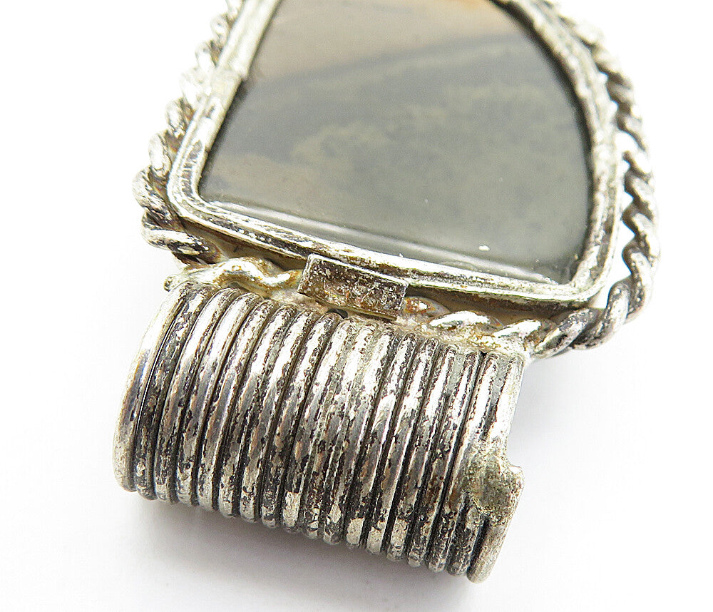 925 Sterling Silver Vintage Cabochon Agate Twist Border Slide Pendant PT4285