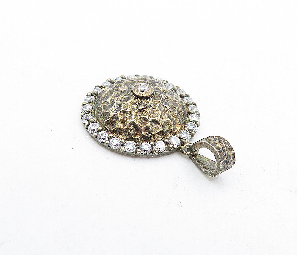 925 Sterling Silver  Vintage Cubic Zirconia Hammered Dome Drop Pendant  PT3556