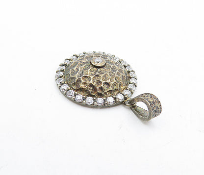 925 Sterling Silver  Vintage Cubic Zirconia Hammered Dome Drop Pendant  PT3556