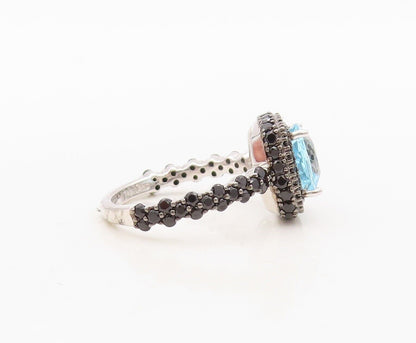 925 Sterling Silver Vintage Ring Square Blue Topaz & Spinel Inlay  Sz 7 RG30354