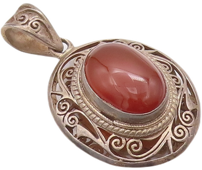 925 Sterling Silver Vintage Pendant Swirly Cutout Carved Cabochon Amber  PT22938