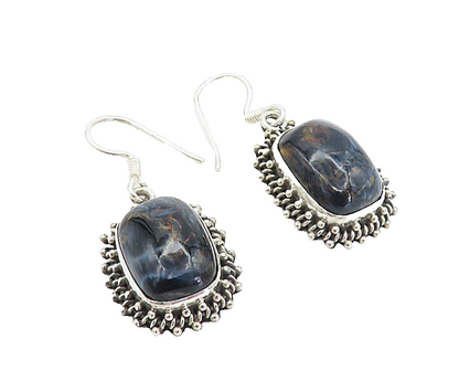 925 Sterling Silver  Vintage Cabochon Cut Jasper Shiny Dangle Earrings  EG3201