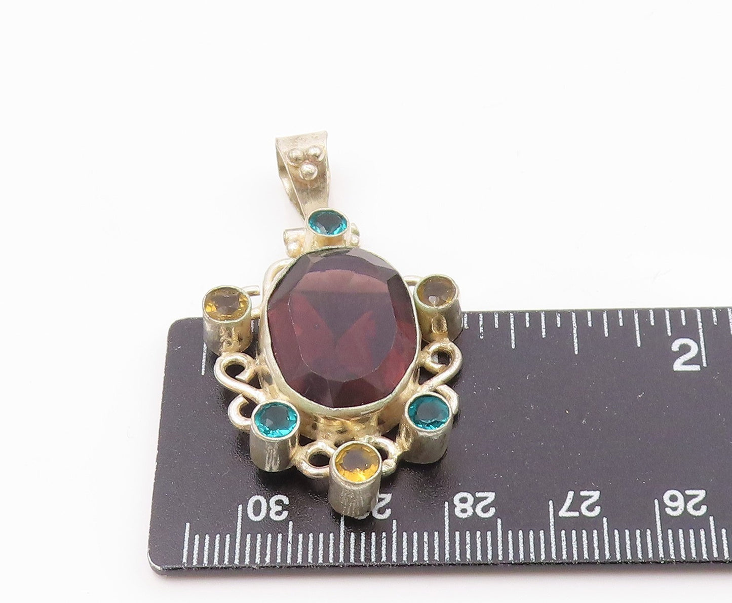 925 Silver  Vintage Open Swirl Wine Spinel & Multi Stone Pendant  PT21176