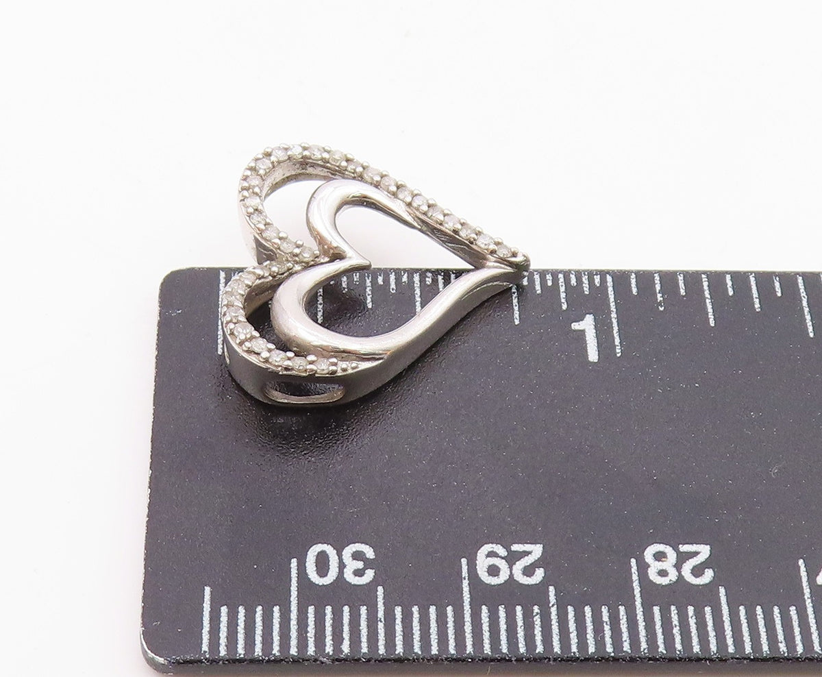 925 Sterling Silver  Vintage Genuine Diamonds Open Love Heart Pendant  PT16261