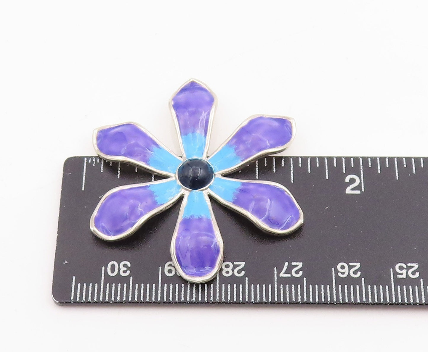 925 Sterling Silver Vintage Pendant Cabochon Onyx Enameled Floral Petal  PT25165