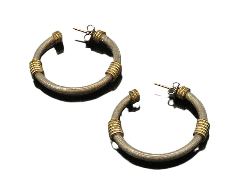 925 Sterling Silver  Vintage Two Tone Wire Wrapped Hoop Earrings  EG10737