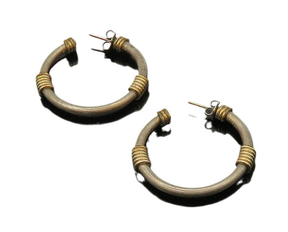 925 Sterling Silver  Vintage Two Tone Wire Wrapped Hoop Earrings  EG10737