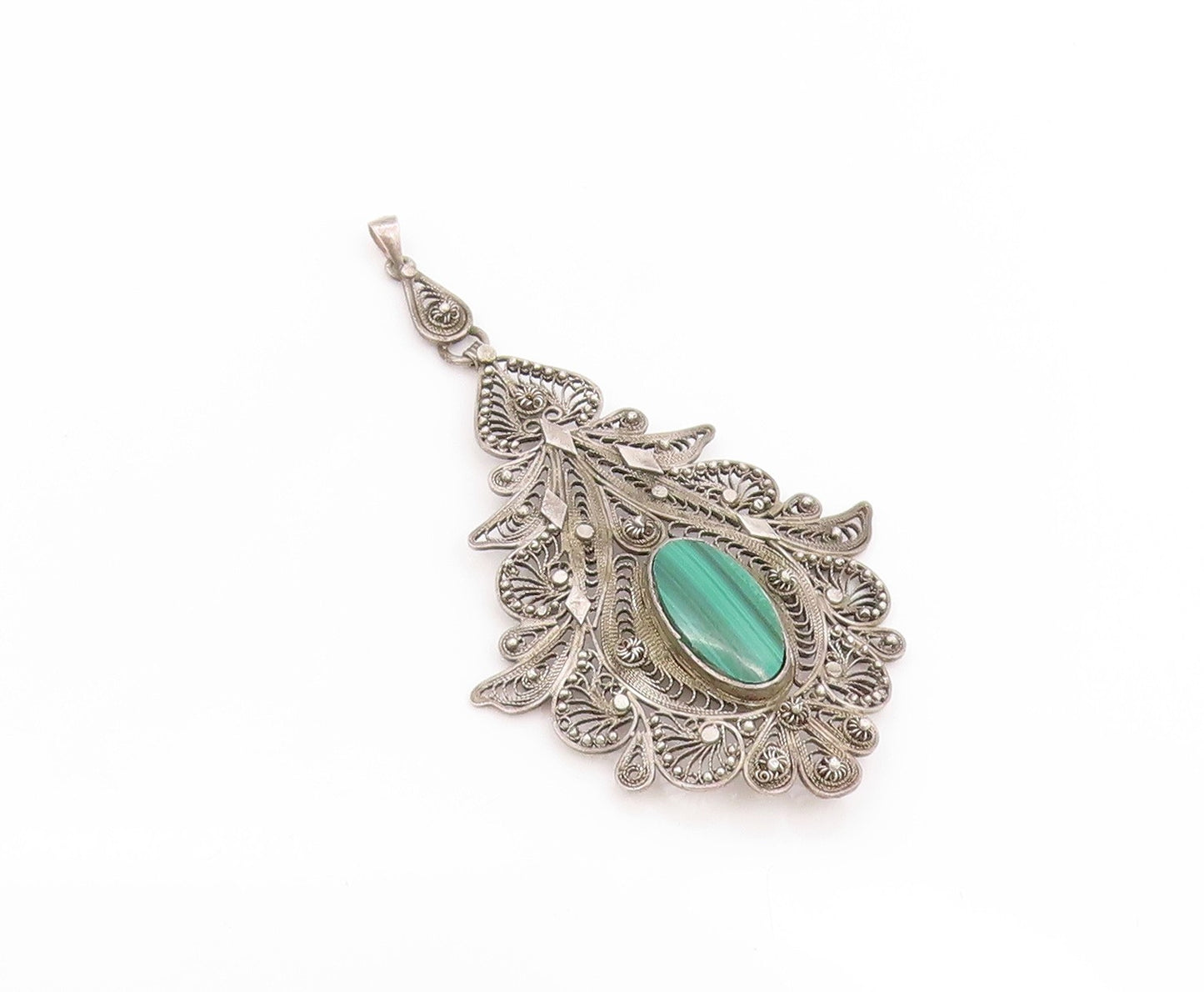 925 Sterling Silver Vintage Pendant Oval Malachite Large Floral Filigree PT25845