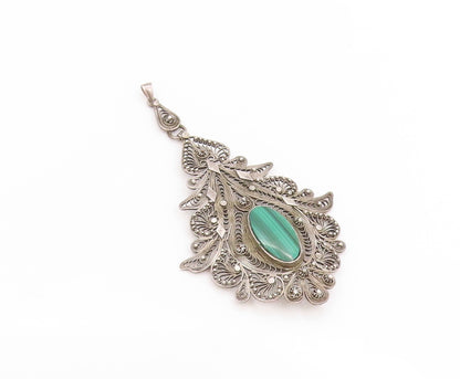 925 Sterling Silver Vintage Pendant Oval Malachite Large Floral Filigree PT25845