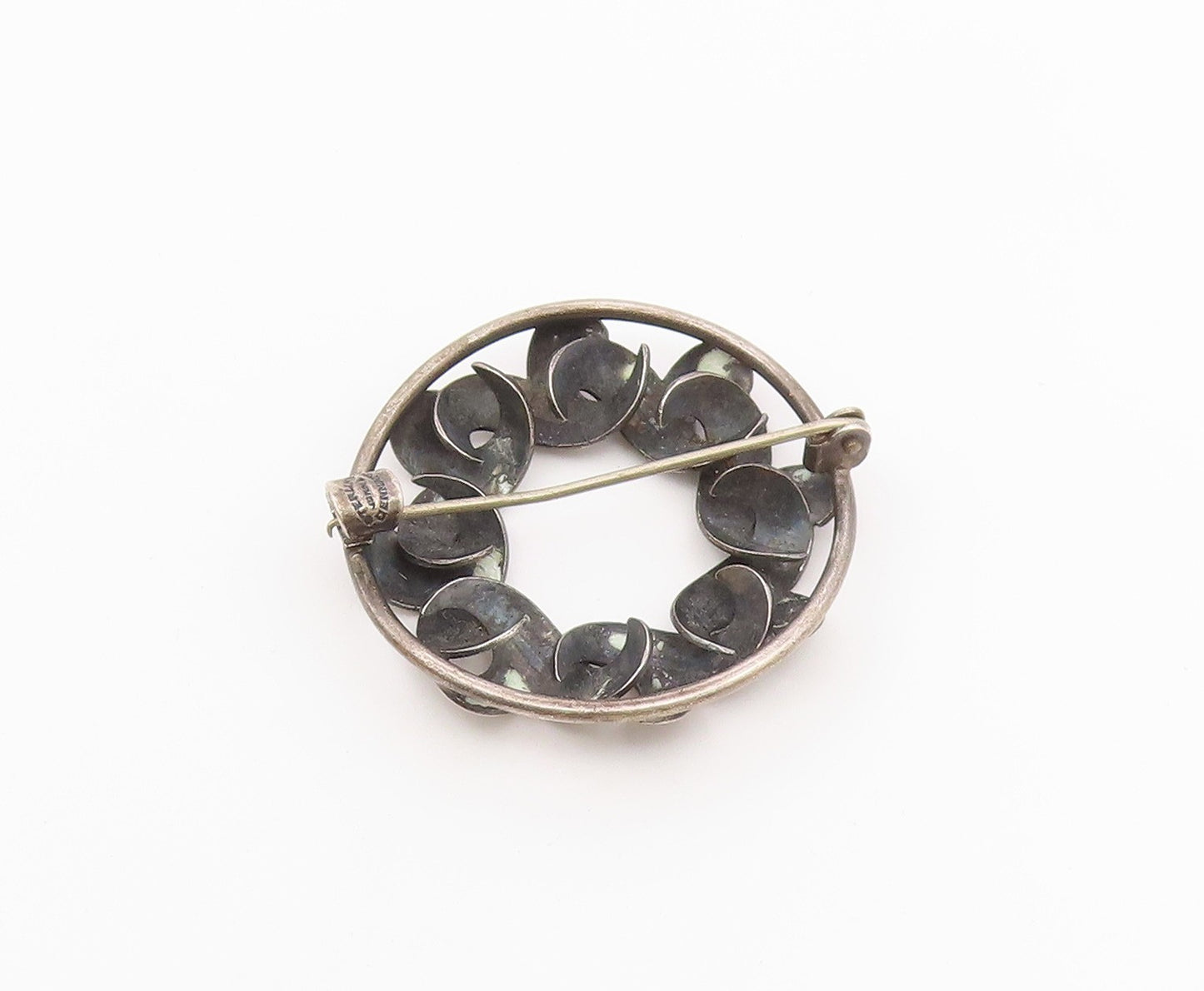 DENMARK 925 Sterling Silver  Vintage Dark Tone Floral Wreath Brooch Pin BP8482