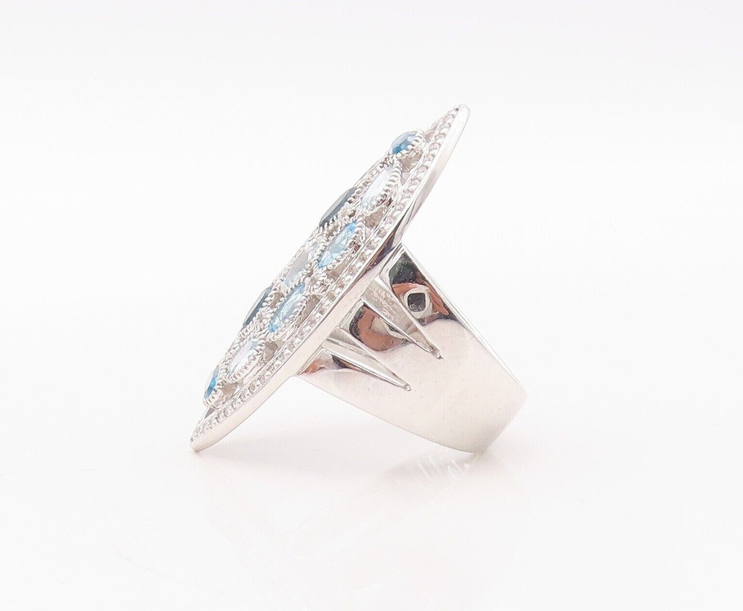 925 Sterling Silver Vintage Ring Oval Cut Blue Topaz Marquise Inlay Sz 7 RG29938