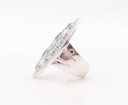 925 Sterling Silver Vintage Ring Oval Cut Blue Topaz Marquise Inlay Sz 7 RG29938