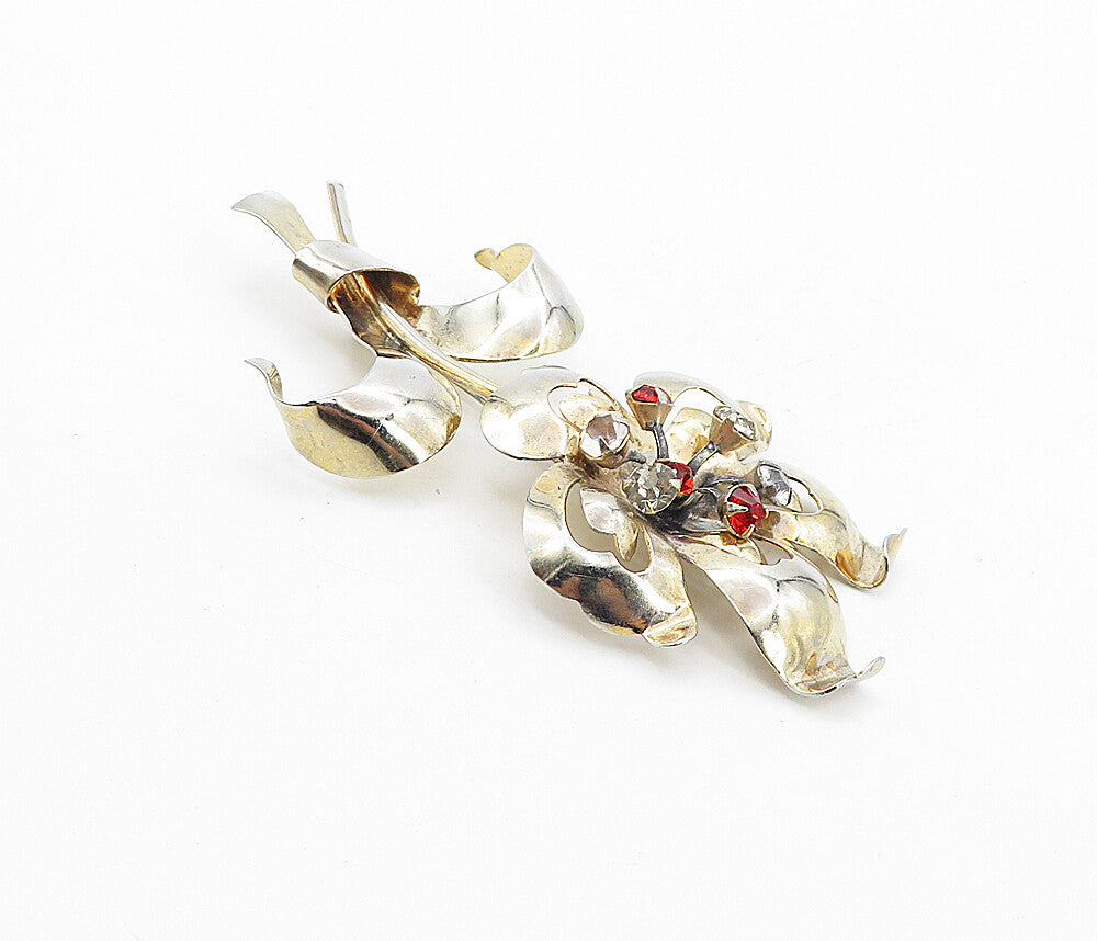 925 Sterling Silver  Vintage Red & White Topaz Shiny Flower Brooch Pin  BP3018