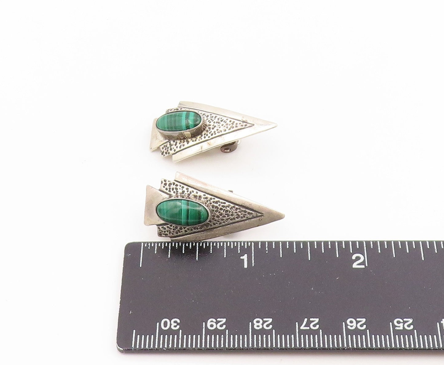 925 Sterling Silver Vintage Earrings MJ NAVAJO Classic Malachite Clip On EG14348