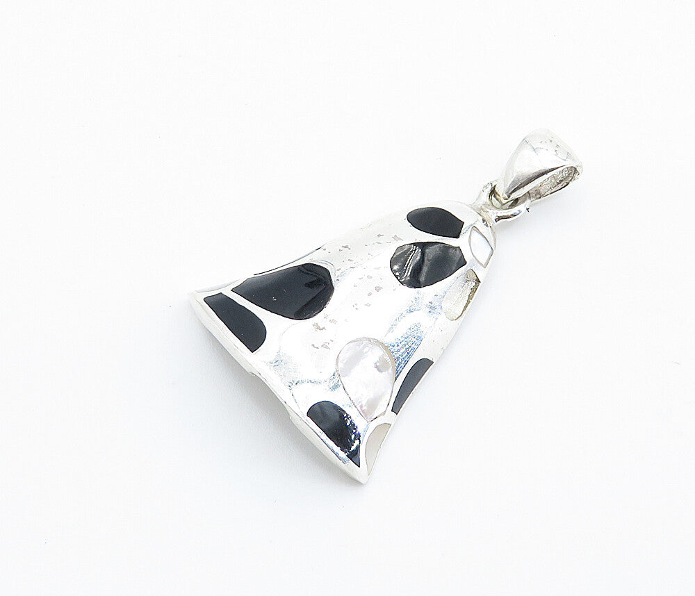 925 Sterling Silver  Black Onyx & Mother Of Pearl Floral Bell Pendant  PT6018