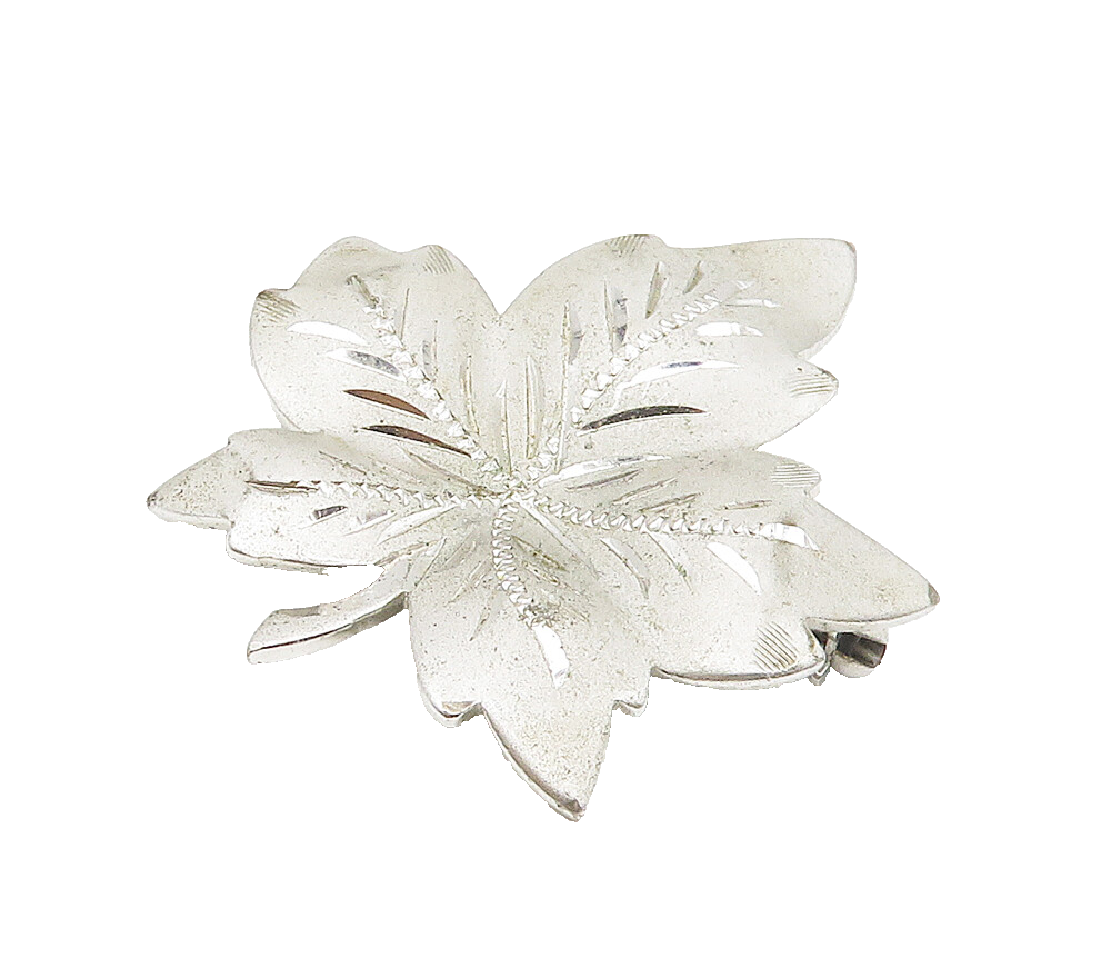 THEDA 925 Sterling Silver   Vintage Shiny Etched Floral Leaf Brooch Pin BP6624