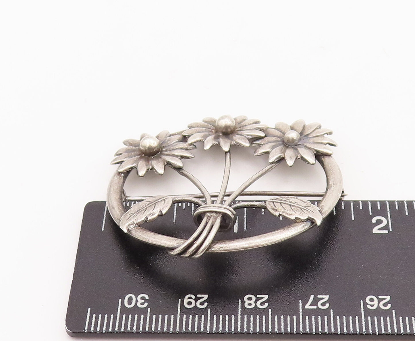 925 Sterling Silver Vintage Brooch Pin Round Framed Sunflowers  BP11121