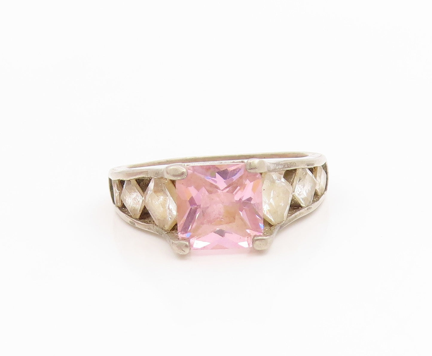 925 Sterling Silver Vintage Ring Classic Pink & White Topaz Band  Sz 7  RG35933