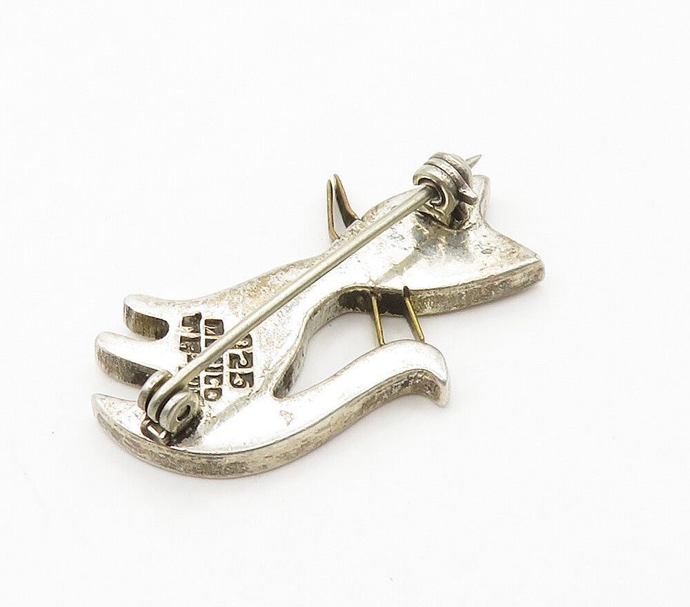MEXICO 925 Silver  Vintage Inlaid Black Onyx Cat Motif Brooch Pin  BP6303