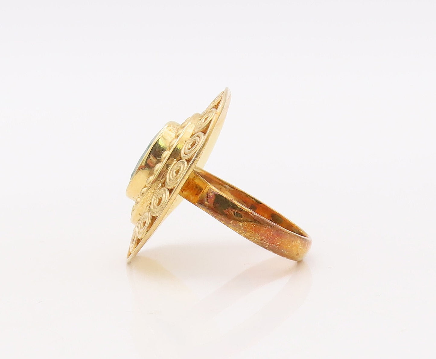 925 Sterling Silver Vintage Ring Gold Plated Swirly Carved Gemstone Sz 9 RG29922