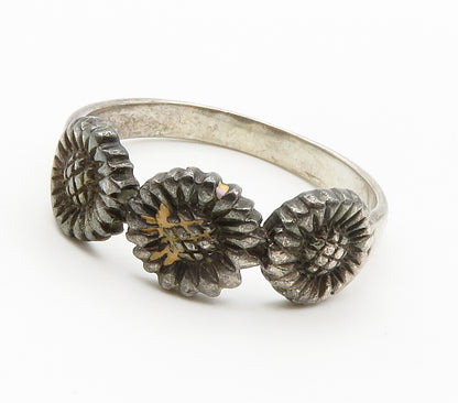 925 Sterling Silver  Vintage Dark Tone Sunflowers Band Ring Sz 9  RG14984