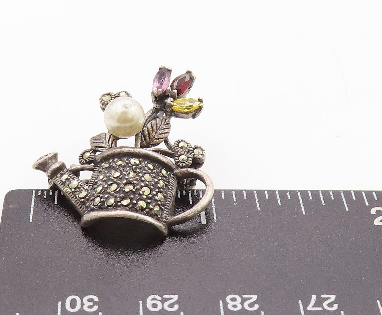 925 Sterling Silver Vintage Brooch Pin Pearl Topaz Flower Watering Jug  BP11274