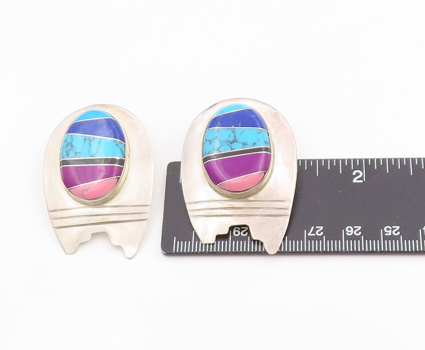 925 Sterling Silver Vintage Earrings MEXICO Multi Gemstone Inlay Design  EG13723