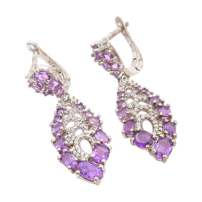 925 Sterling Silver Vintage Earrings Amethyst & CZ Marquise Cluster Drop EG13837