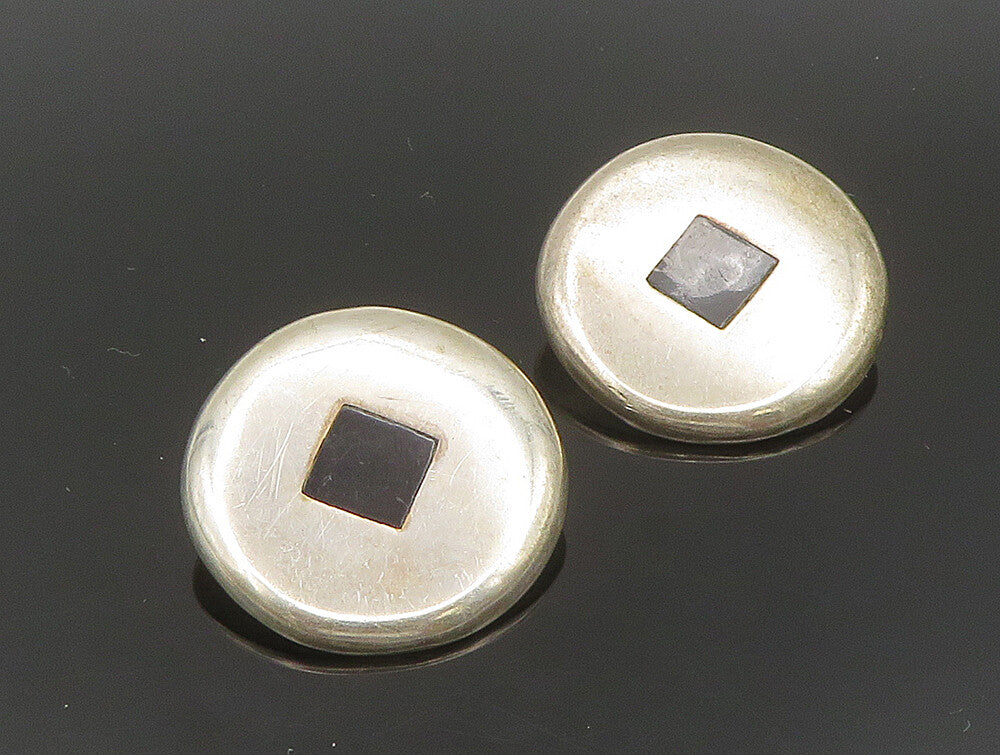 MEXICO 925 Silver  Vintage Inlay Black Onyx Non Pierce Earrings  EG11618