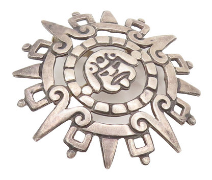 TAXCO 925 Sterling Silver  Vintage Cutout Solid Aztec Sun Brooch Pin  BP10466