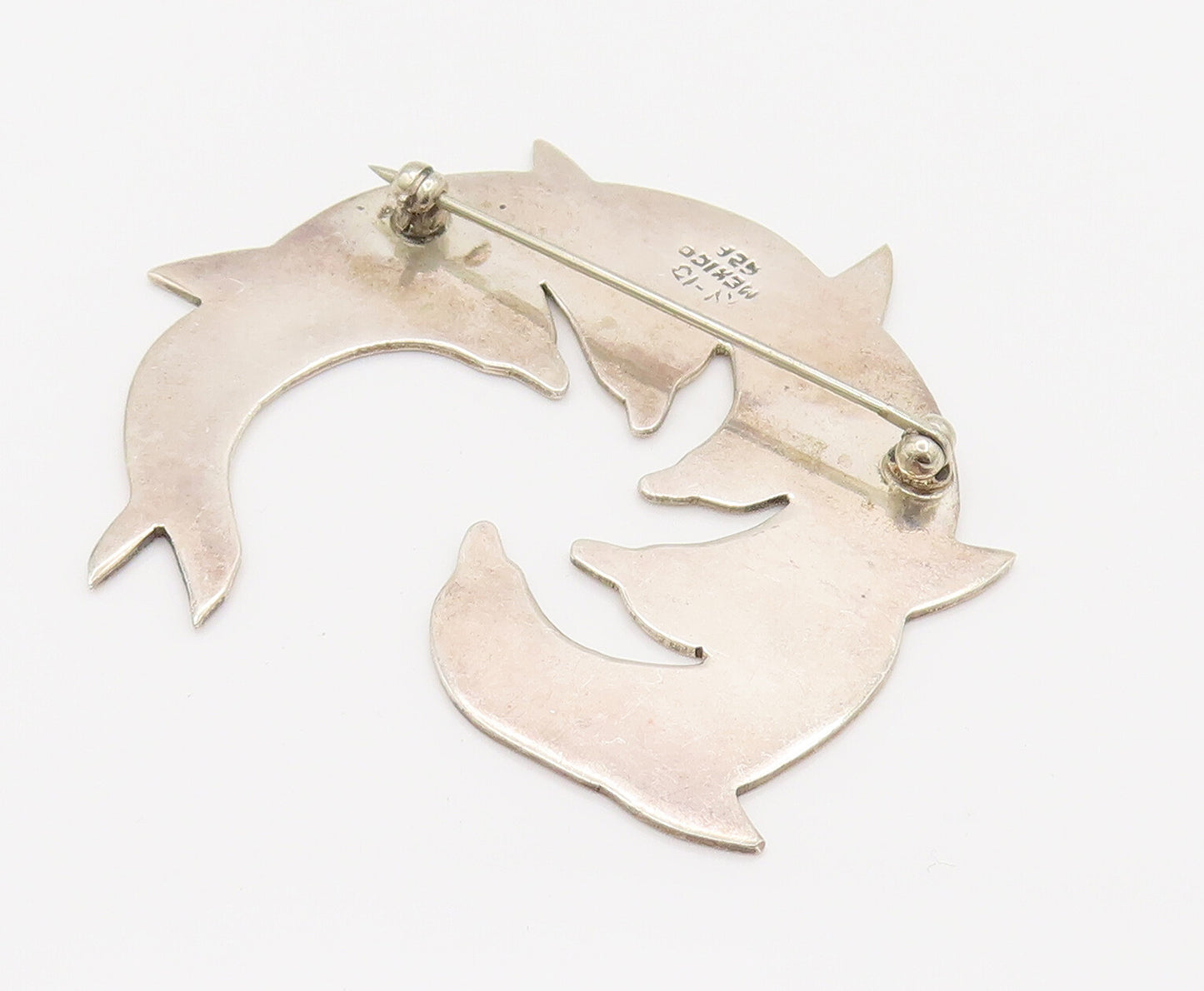 MEXICO 925 Silver  Vintage Minimalist Dolphin Family Brooch Pin  BP10137