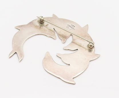 MEXICO 925 Silver  Vintage Minimalist Dolphin Family Brooch Pin  BP10137