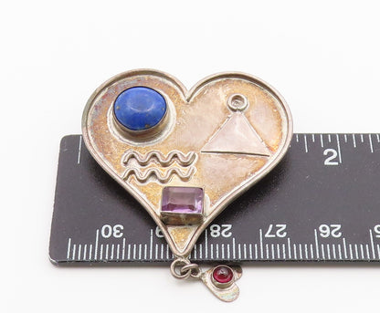 925 Sterling Silver Vintage Brooch Pin Multi Gemstone Mystic Love Heart  BP12640