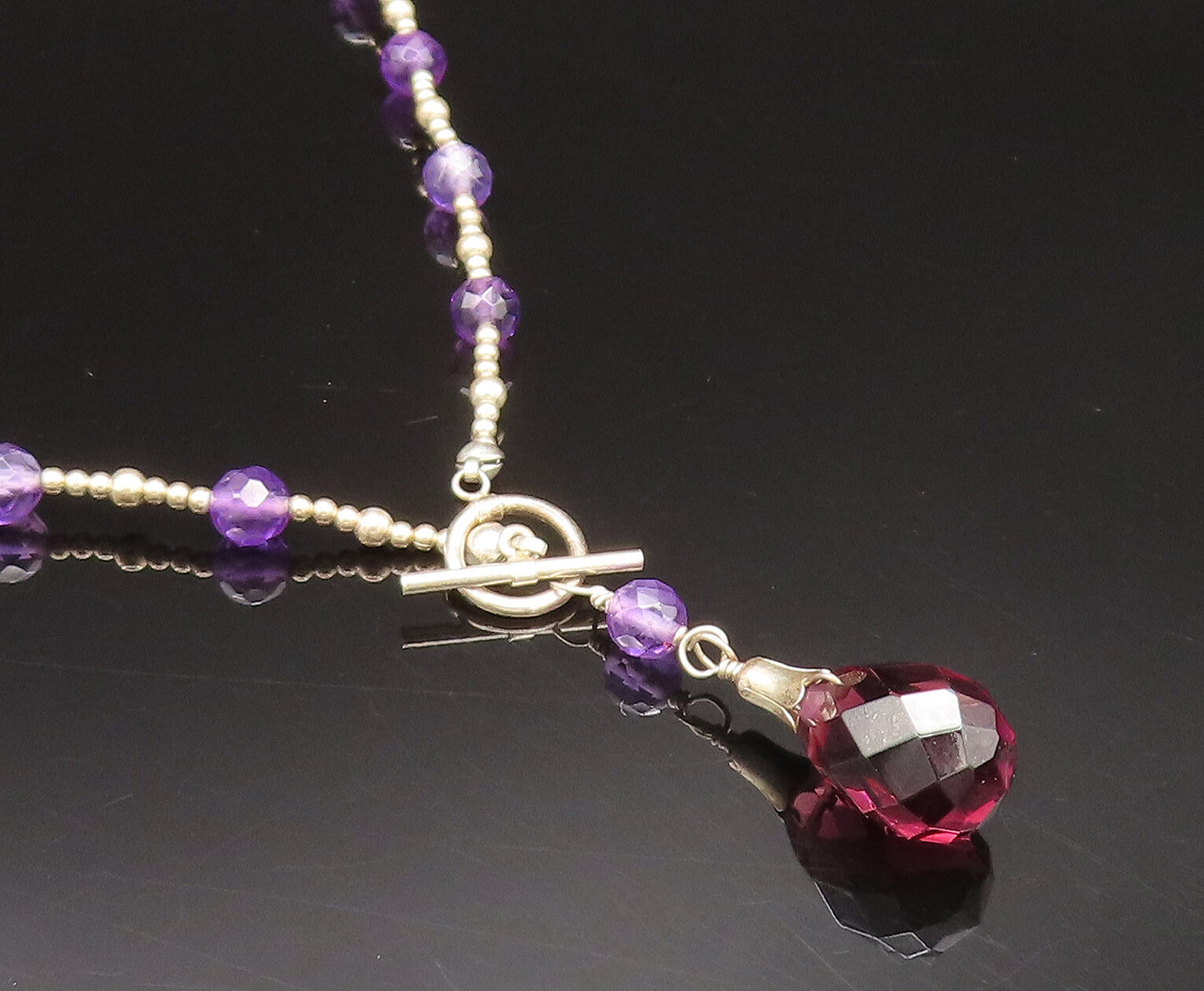 925 Silver  Vintage Unique Rhodolite Garnet & Amethyst Beads Necklace  NE4001