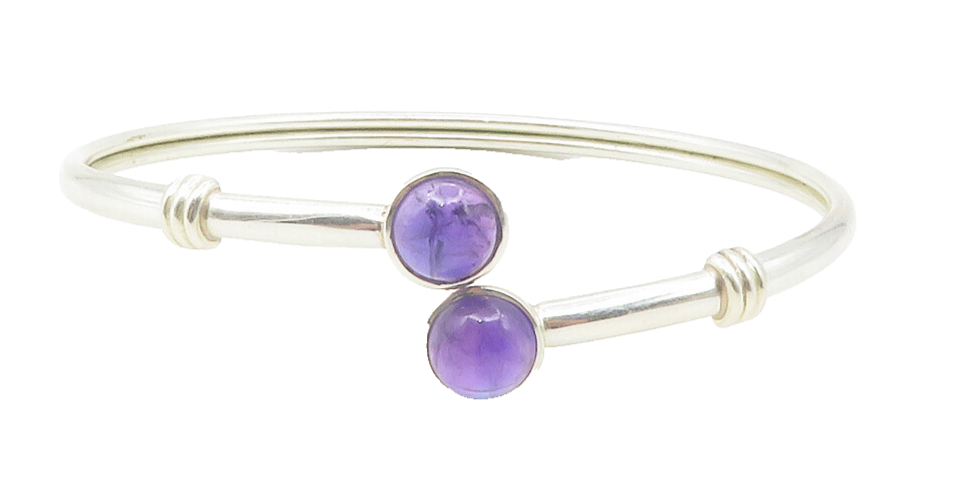 925 Sterling Silver  Cabochon Cut Amethyst Bypass Bangle Bracelet  BT4763
