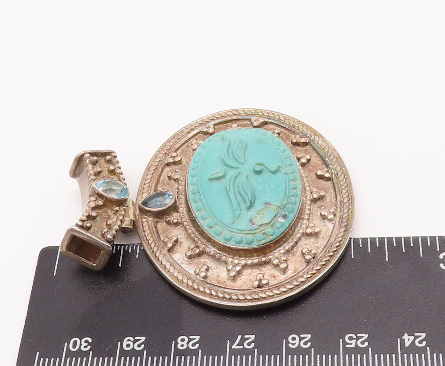 925 Sterling Silver Vintage Pendant NEPAL Beaded Carved Face Turquoise  PT23115