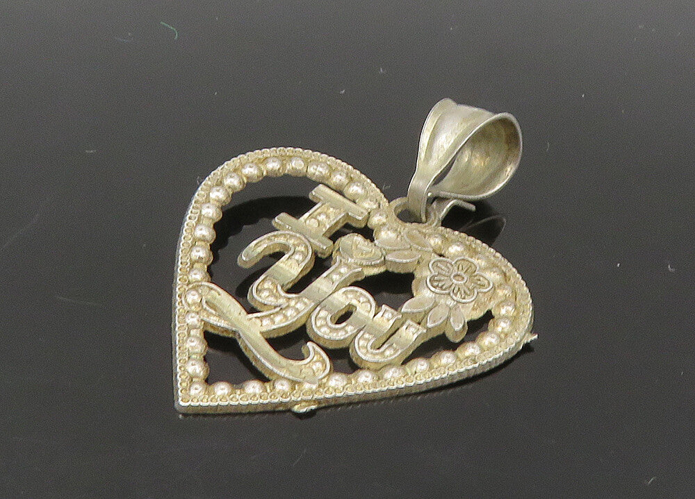 925 Sterling Silver  Vintage Floral I Love You Open Heart Pendant  PT18680
