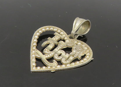 925 Sterling Silver  Vintage Floral I Love You Open Heart Pendant  PT18680