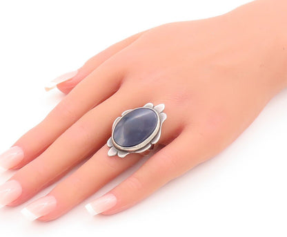 925 Sterling Silver Vintage Ring NAVAJO Large Oval Dark Blue Onyx  Sz 5  RG28487
