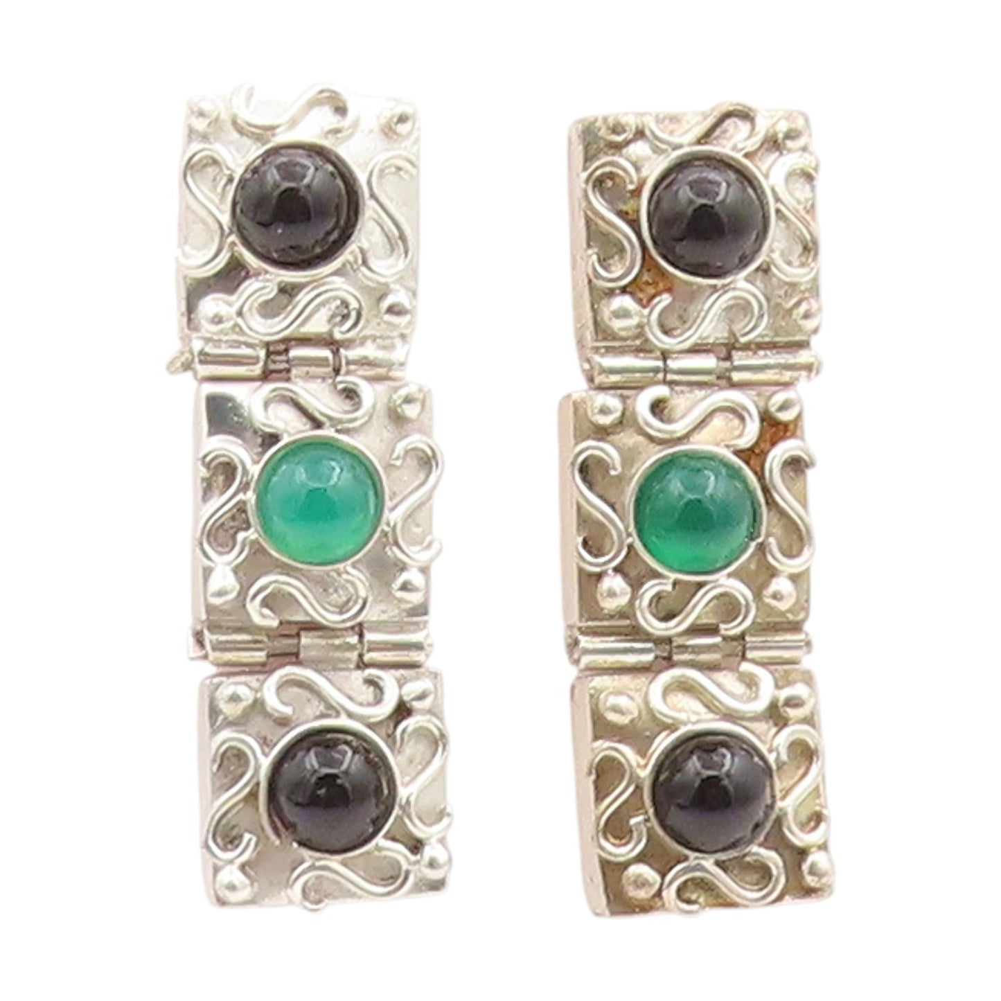 925 Sterling Silver Vintage Earrings Cabochon Onyx Geometric Panel Stud  EG13775