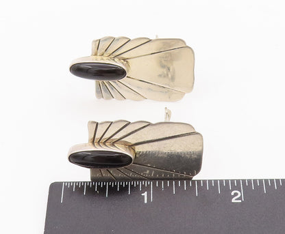 925 Sterling Silver Vintage Earrings NAVAJO Fan Shape Carved Oval Onyx  EG13023