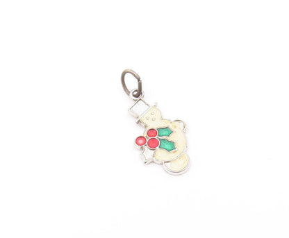 925 Sterling Silver  Vintage Enamel Snowman & XMas Holly Pendant  PT18678