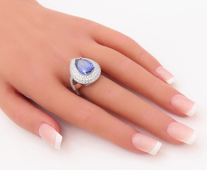 925 Sterling Silver Vintage Ring Drop Cut Sapphire Halo CZ  Sz 7  RG29886
